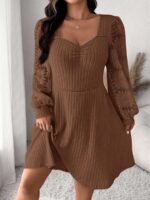 Elorivane Plus Size Sweetheart Neck Dress, Ruched Ribbed Long Sleeve Casual Dress, Fall Wear - Image 43