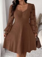 Elorivane Plus Size Sweetheart Neck Dress, Ruched Ribbed Long Sleeve Casual Dress, Fall Wear - Image 44
