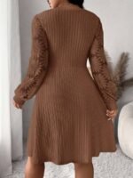 Elorivane Plus Size Sweetheart Neck Dress, Ruched Ribbed Long Sleeve Casual Dress, Fall Wear - Image 45