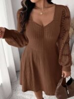Elorivane Plus Size Sweetheart Neck Dress, Ruched Ribbed Long Sleeve Casual Dress, Fall Wear - Image 46