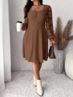 Elorivane Plus Size Sweetheart Neck Dress, Ruched Ribbed Long Sleeve Casual Dress, Fall Wear - Image 47