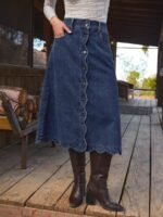 Elorivane Women Dark Blue Denim A Line Midi Skirt, High Waist Scalloped Button Front Western Cowgirl Fall Winter Country Skirt - Image 7