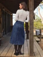 Elorivane Women Dark Blue Denim A Line Midi Skirt, High Waist Scalloped Button Front Western Cowgirl Fall Winter Country Skirt - Image 8