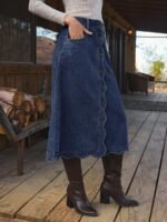 Elorivane Women Dark Blue Denim A Line Midi Skirt, High Waist Scalloped Button Front Western Cowgirl Fall Winter Country Skirt - Image 9