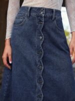 Elorivane Women Dark Blue Denim A Line Midi Skirt, High Waist Scalloped Button Front Western Cowgirl Fall Winter Country Skirt - Image 10