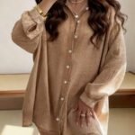 Elorivane Plus Size Brown Shirt Dress, Single Breasted Long Sleeve Modest Dress, Autumn Beach Casual Wear