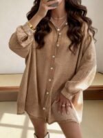 Elorivane Plus Size Brown Shirt Dress, Single Breasted Long Sleeve Modest Dress, Autumn Beach Casual Wear