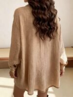 Elorivane Plus Size Brown Shirt Dress, Single Breasted Long Sleeve Modest Dress, Autumn Beach Casual Wear - Image 2