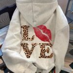Elorivane Women's Leopard Heart Letter Hoodie, Casual Drop Shoulder Fall