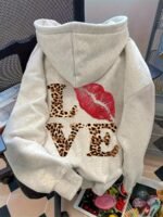 Elorivane Women's Leopard Heart Letter Hoodie, Casual Drop Shoulder Fall