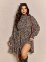 Elorivane Plus Size Leopard Print Dress, Stand Collar Lantern Sleeve Ruffle Hem Belted Dress, Spring Casual Wear - Image 13