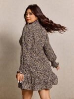 Elorivane Plus Size Leopard Print Dress, Stand Collar Lantern Sleeve Ruffle Hem Belted Dress, Spring Casual Wear - Image 14