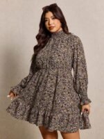 Elorivane Plus Size Leopard Print Dress, Stand Collar Lantern Sleeve Ruffle Hem Belted Dress, Spring Casual Wear - Image 15