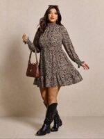 Elorivane Plus Size Leopard Print Dress, Stand Collar Lantern Sleeve Ruffle Hem Belted Dress, Spring Casual Wear - Image 16