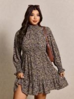 Elorivane Plus Size Leopard Print Dress, Stand Collar Lantern Sleeve Ruffle Hem Belted Dress, Spring Casual Wear - Image 17