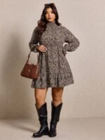 Elorivane Plus Size Leopard Print Dress, Stand Collar Lantern Sleeve Ruffle Hem Belted Dress, Spring Casual Wear - Image 18