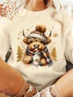 Elorivane Women's Highland Cow Christmas Tree Print Top, Fall Festive