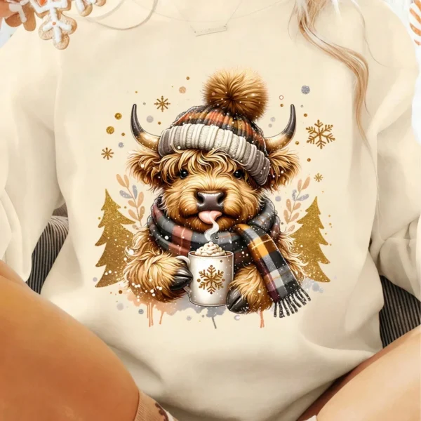 Elorivane Women's Highland Cow Christmas Tree Print Top, Fall Festive