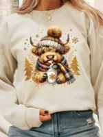 Elorivane Women's Highland Cow Christmas Tree Print Top, Fall Festive - Image 2