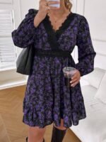 Elorivane Plus Size Ditsy Floral Dress, Lace Trim Lantern Sleeve Boho Outfit, Autumn Beach Holiday Wear - Image 16