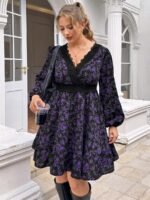 Elorivane Plus Size Ditsy Floral Dress, Lace Trim Lantern Sleeve Boho Outfit, Autumn Beach Holiday Wear - Image 18
