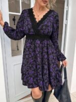 Elorivane Plus Size Ditsy Floral Dress, Lace Trim Lantern Sleeve Boho Outfit, Autumn Beach Holiday Wear - Image 19