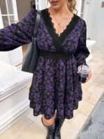 Elorivane Plus Size Ditsy Floral Dress, Lace Trim Lantern Sleeve Boho Outfit, Autumn Beach Holiday Wear - Image 21