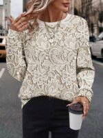 Elorivane Plus Size Faux Lace Print Crew Neck Long Sleeve Graphic Sweatshirt for Everyday Wear - Image 5