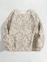 Elorivane Plus Size Faux Lace Print Crew Neck Long Sleeve Graphic Sweatshirt for Everyday Wear - Image 3