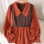 Elorivane Plus Size Brown Blouse, Waist Spliced Polka Dot A-Line Shirt Collar Casual Top