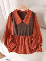 Elorivane Plus Size Brown Blouse, Waist Spliced Polka Dot A-Line Shirt Collar Casual Top