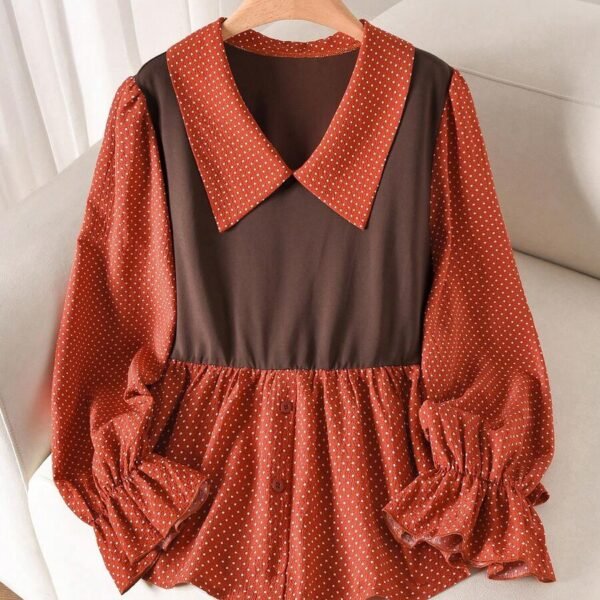 Elorivane Plus Size Brown Blouse, Waist Spliced Polka Dot A-Line Shirt Collar Casual Top