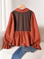 Elorivane Plus Size Brown Blouse, Waist Spliced Polka Dot A-Line Shirt Collar Casual Top - Image 2