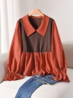 Elorivane Plus Size Brown Blouse, Waist Spliced Polka Dot A-Line Shirt Collar Casual Top - Image 3