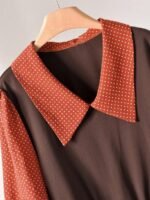 Elorivane Plus Size Brown Blouse, Waist Spliced Polka Dot A-Line Shirt Collar Casual Top - Image 6