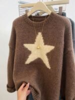 Elorivane Plus Size Drop Shoulder Five-Pointed Star Jacquard Knit Crew Neck Sweater for Fall Winter - Image 8
