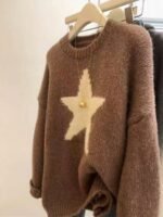 Elorivane Plus Size Drop Shoulder Five-Pointed Star Jacquard Knit Crew Neck Sweater for Fall Winter - Image 10