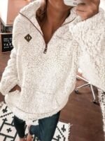 Elorivane Women's White Teddy Sherpa Pullover, Pocket Design Casual Long Sleeve Fall Winter Top - Image 2