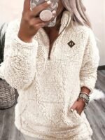 Elorivane Women's White Teddy Sherpa Pullover, Pocket Design Casual Long Sleeve Fall Winter Top