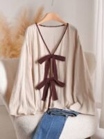 Elorivane Plus Size Front Knot Shirt, Drop Shoulder Long Sleeve Loose Casual Fall Top - Image 5