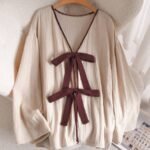 Elorivane Plus Size Front Knot Shirt, Drop Shoulder Long Sleeve Loose Casual Fall Top