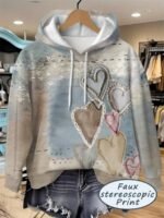 Elorivane Plus Size Super Loose Blue Check Sea Salt Heart Print Hooded Sweatshirt 3D Vintage Top for Fall Winter Vacation Casual Wear