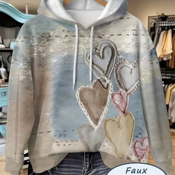 Elorivane Plus Size Super Loose Blue Check Sea Salt Heart Print Hooded Sweatshirt 3D Vintage Top for Fall Winter Vacation Casual Wear