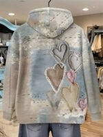 Elorivane Plus Size Super Loose Blue Check Sea Salt Heart Print Hooded Sweatshirt 3D Vintage Top for Fall Winter Vacation Casual Wear - Image 2