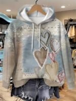 Elorivane Plus Size Super Loose Blue Check Sea Salt Heart Print Hooded Sweatshirt 3D Vintage Top for Fall Winter Vacation Casual Wear - Image 3