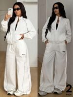 Elorivane Women White 2-Piece Outfit, Reflective Lapel Coat & Parachute Cargo Pants, Streetwear Athleisure Set - Image 17