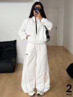 Elorivane Women White 2-Piece Outfit, Reflective Lapel Coat & Parachute Cargo Pants, Streetwear Athleisure Set - Image 18