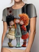 Elorivane Women's Black Cartoon Doll Print Tee, Pastel Beige & Red, Casual Round Neck Short Sleeve Spring Summer Top - Image 7