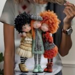 Elorivane Women's Black Cartoon Doll Print Tee, Pastel Beige & Red, Casual Round Neck Short Sleeve Spring Summer Top