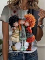 Elorivane Women's Black Cartoon Doll Print Tee, Pastel Beige & Red, Casual Round Neck Short Sleeve Spring Summer Top